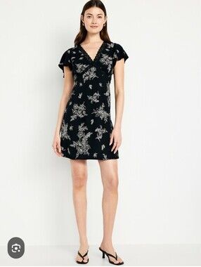 Old Navy Fit & Flare Crepe Lace-Trim Mini Dress Black Floral, NWT